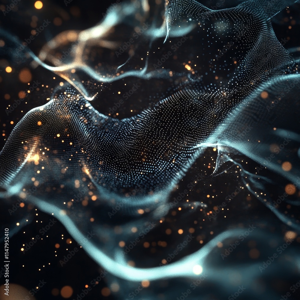 Poster Dynamic Abstract Patterns of Light and Texture Create a Captivating Visual Experience in a Dark Background With Glowing Particles and Flowing Forms