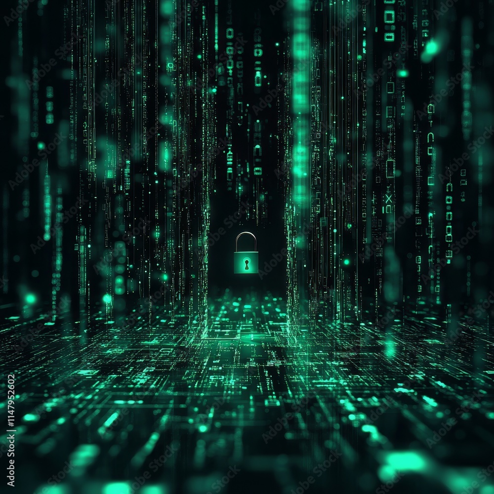 Poster digital data realm with cascading green code and a secure lock symbolizing cybersecurity in a futuri