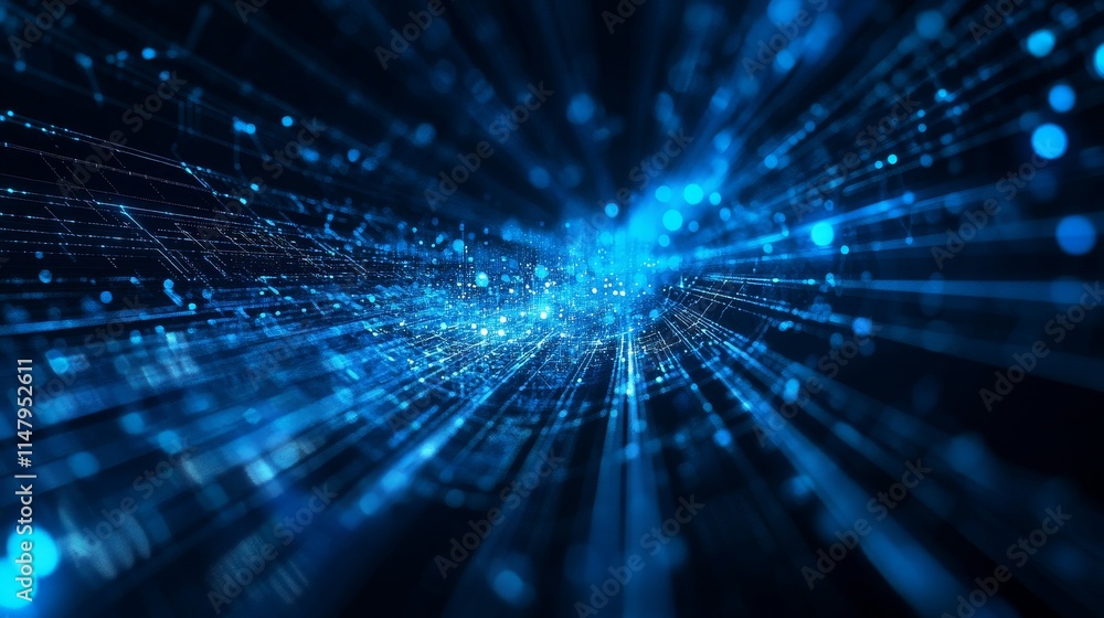 Poster innovative digital technology background displaying blue light streaks and dots representing data fl
