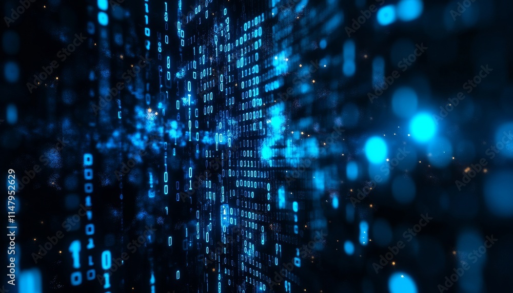 Poster digital data streams flow in vibrant shades of blue creating a futuristic visual effect representing