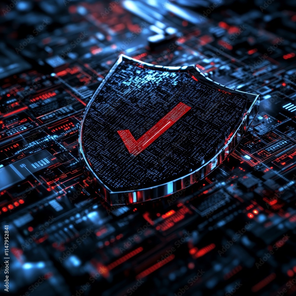 Poster digital security symbolizing protection with a shield and check mark on a futuristic circuit board b