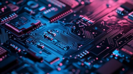 Fototapeta premium High-resolution Close-Up of a Modern Circuit Board Showcasing Intricate Pathways and Electronic Components Illuminated With Vibrant Blue and Pink Lighting