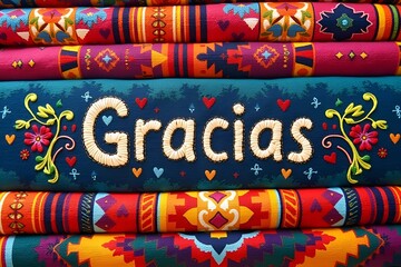 Vibrant Spanish Gracias Embroidery on Traditional Textile Pattern