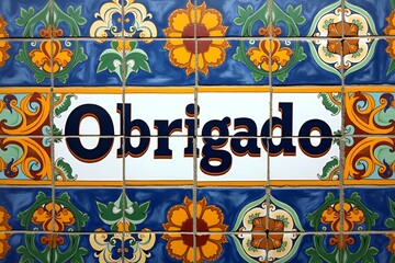 Traditional Portuguese Azulejo Tile with Obrigado Message