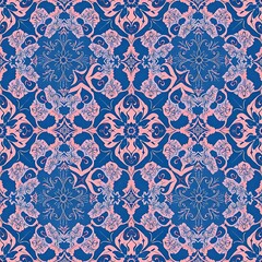 Fototapeta premium Blue and Pink Floral Damask Seamless Pattern 