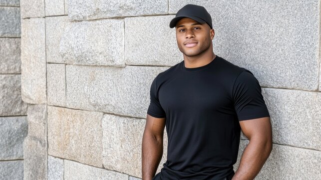 A muscular man wearing a black shirt and cap stands relaxed against a textured stone wall, showcasing a confident smile in an outdoor setting during daylight - Powered by Adobe