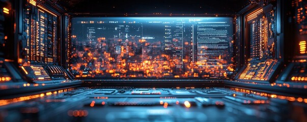 Futuristic data center with illuminated technology and visual holographic displays