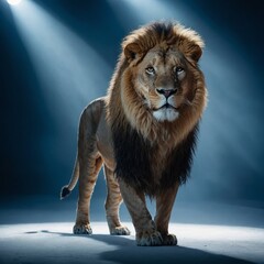 A lion standing in a blue spotlight on a white stage.