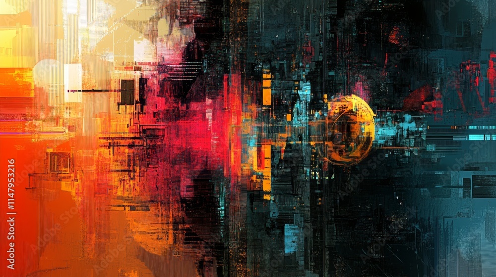 Poster abstract digital artwork depicting a vibrant clash of colors and shapes, with warm tones transitioni