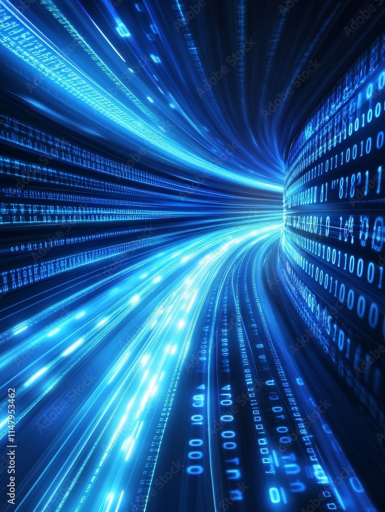 Poster digital vortex illustrating the flow of binary data in a futuristic tech landscape