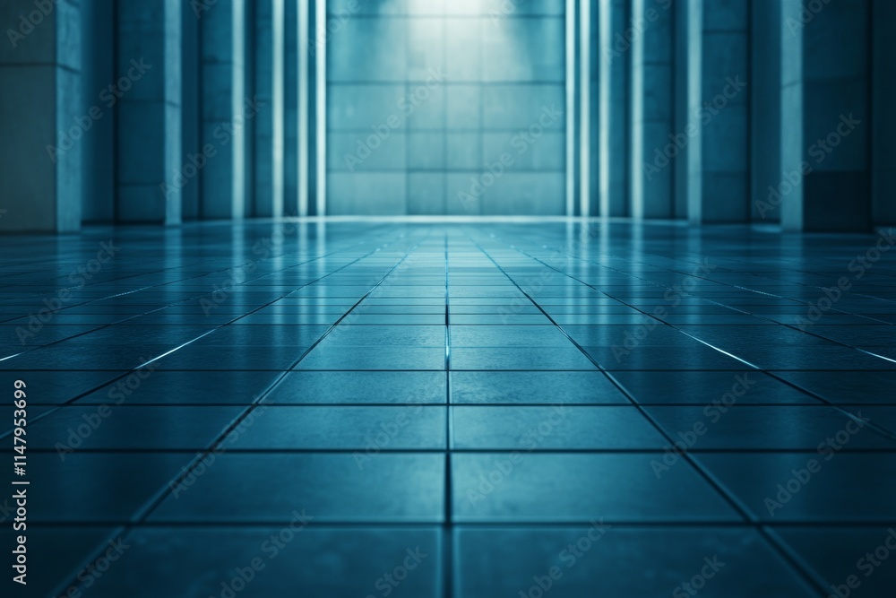 Aufkleber interior view of a modern architectural space with shiny tiles and soft lighting at dawn creating a 