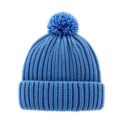 A blue beanie isolated on transparent background, PNG file, blue wool cap, blue knitted cap