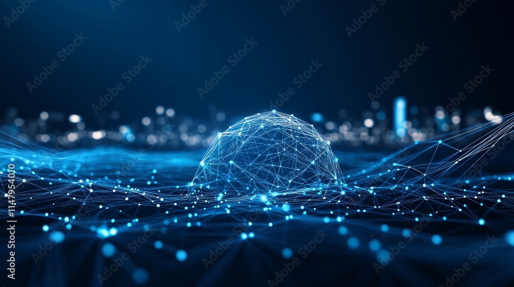 Poster digital grid network with glowing points and interconnected lines over a dark background representin