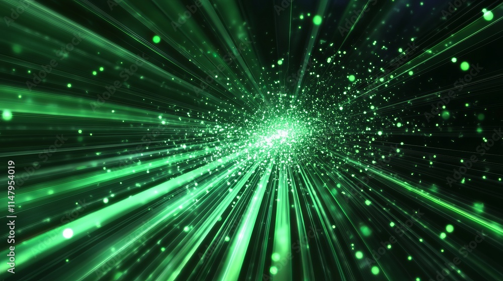 Poster green light rays emanate from a central point creating a vibrant burst of energy in a dark backgroun