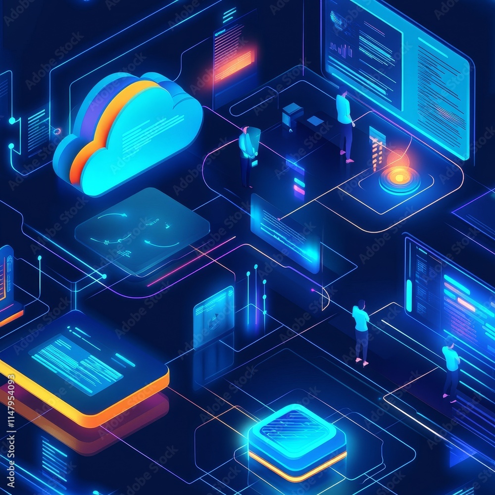 Poster digital network landscape with cloud computing and data analysis in a futuristic technology environm