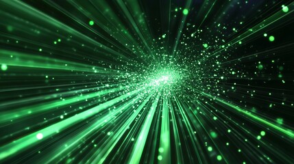 Fototapeta premium Green Light Rays Emanate From a Central Point Creating a Vibrant Burst of Energy in a Dark Background