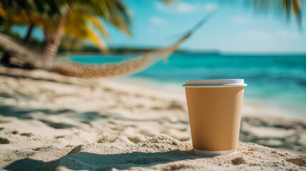 A refreshing cup of coffee on a tropical beach. The perfect way to start your day!