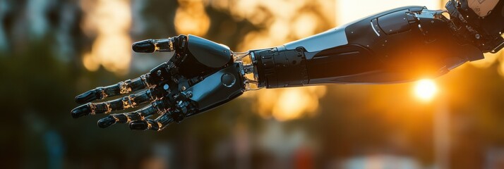 Prosthetic arm demonstrating movement against a sunset backdrop with clear space for additional content. Generative AI