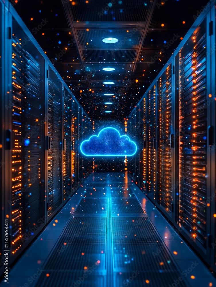 Poster virtual cloud storage concept with illuminated servers in a data center, showcasing advanced technol