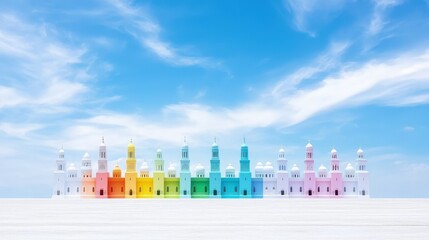Obraz premium Colorful miniature mosques against a bright blue sky.