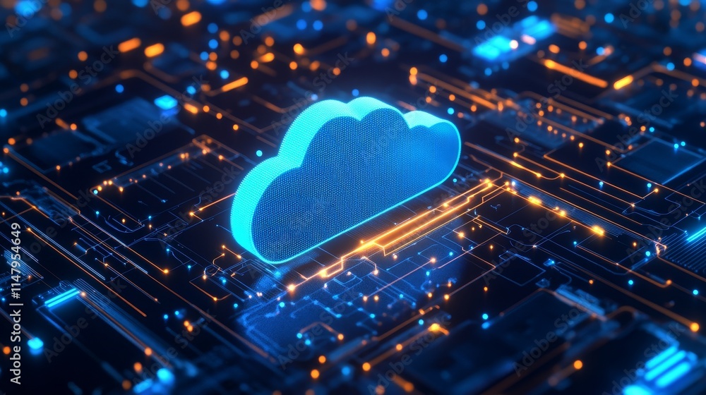 Poster digital cloud computing concept over blue and orange circuit board background representing technolog