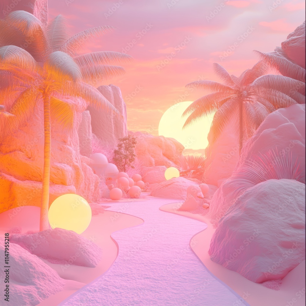 Poster a pink and yellow landscape with a path and palm trees. the path is lined with rocks and there are t