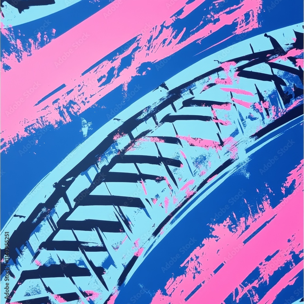 Poster creative tire tread design in bright colors showcasing abstract patterns on a vibrant background wit