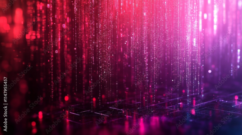 Poster vibrant digital rain creates a dynamic visual effect with hues of pink and red in a futuristic setti