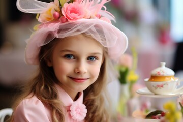 Portrait of a cute little girl in a pink dress and a white hat.