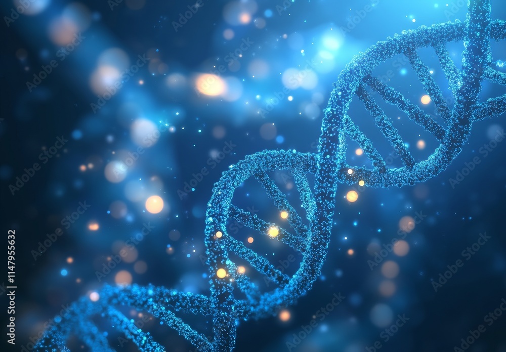 Poster helix structure illuminated by blue and gold lights represents the complexity of genetics in a vibra