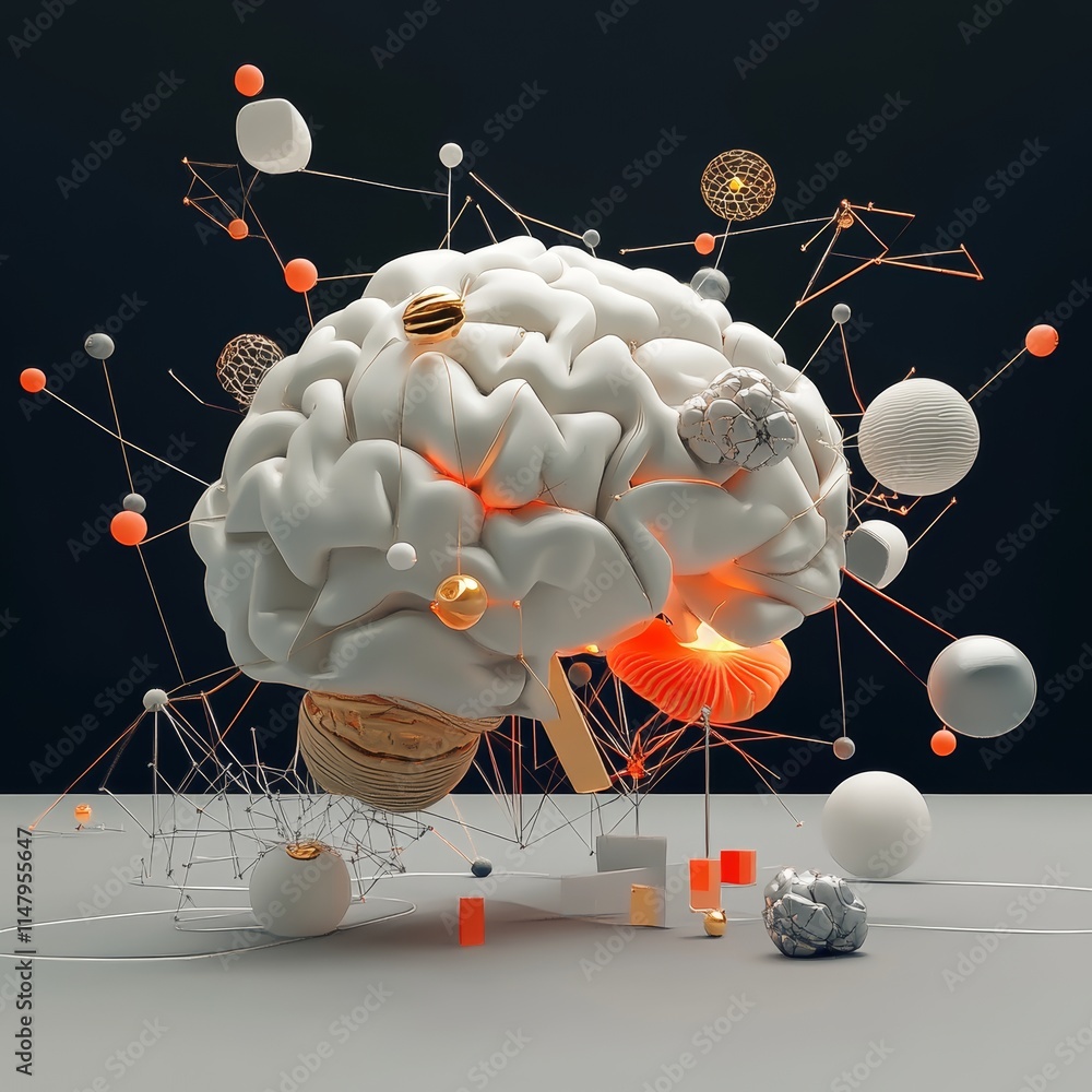 Poster creative abstract representation of a brain surrounded by geometric shapes and lines symbolizing con