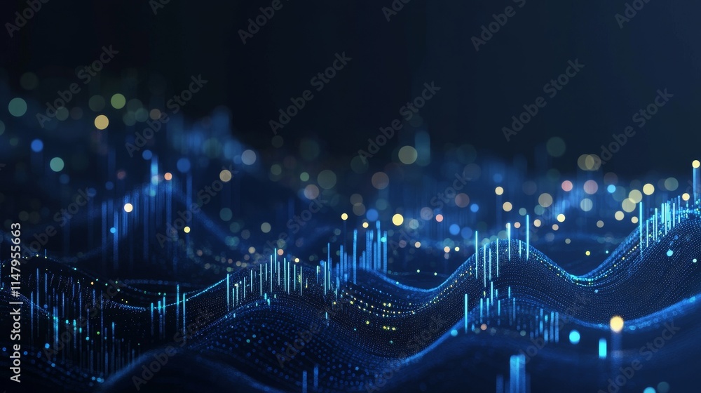 Poster visual representation of data waves with blue and green tones illustrating technology and digital in