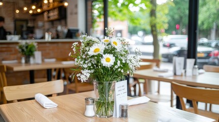 Obraz premium Fresh daisy bouquet in a glass vase sits on a wooden table inside a cozy, bright cafe.