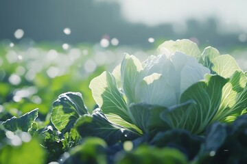 Fresh cabbage in harvest field. Cabbage are growing in garden. Organic vegetable background in freshness atmosphere farm on mountain with mist in morning.