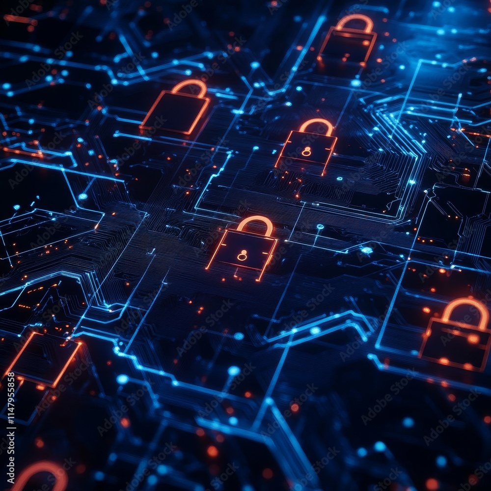 Poster digital network with glowing locks representing cybersecurity technology and data protection in a fu