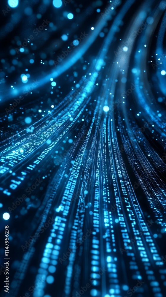 Poster flow of digital data in vibrant blue hues showcasing lines of binary code in an abstract representat