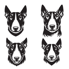 4 Set of Black Bull Terrier Face Silhouettes Isolated on White Background