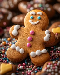 Fototapeta premium Gingerbread man with candy background