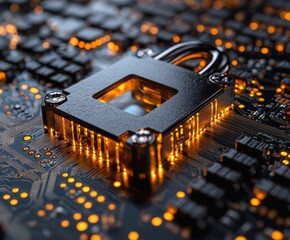 Digital Padlock Symbolizing Data Security on a Circuit Board With Glowing Connections and Intricate Electronic Components