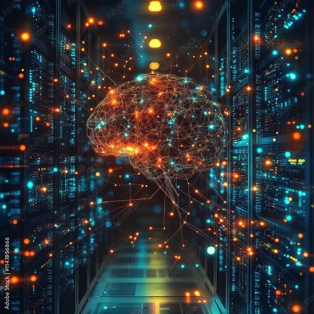 Poster concept of artificial intelligence with a futuristic brain surrounded by data servers in a digital e