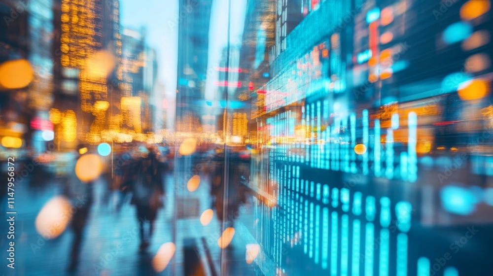 Poster a blurry image of a city street with people walking and a large screen with numbers and lines. the n