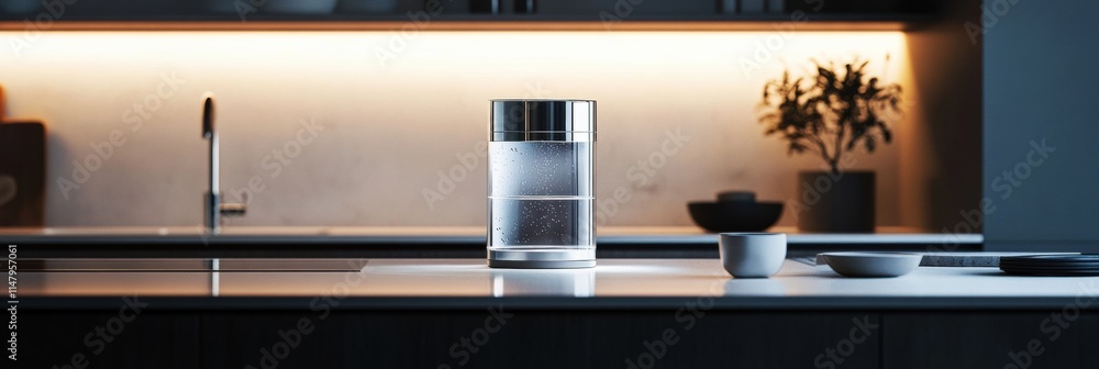 Aufkleber modern kitchen features water filter on countertop with elegant design and soft lighting in evening 