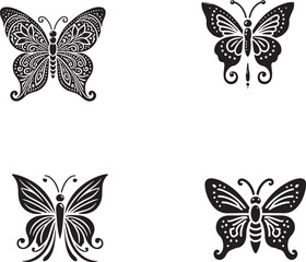 4 Set of Black Butterfly Silhouettes Isolated on White Background