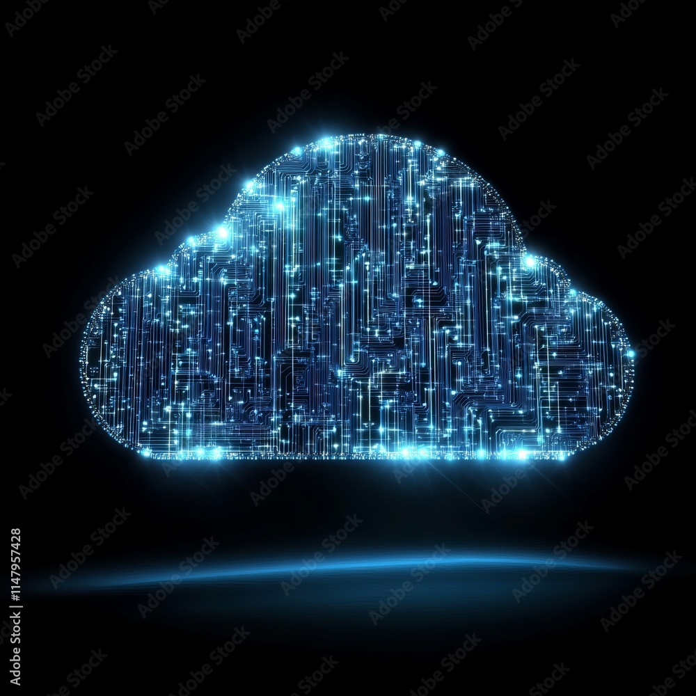 Poster digital cloud representation with glowing circuitry and lights, showcasing the concept of cloud comp