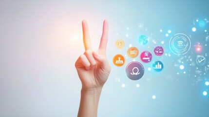 Hand showing peace sign with digital icons.
