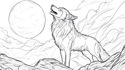 A Lone Wolf Howls at the Night Moon Over Mountains