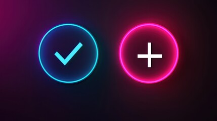 Obraz premium Neon checkmark and plus sign icons.