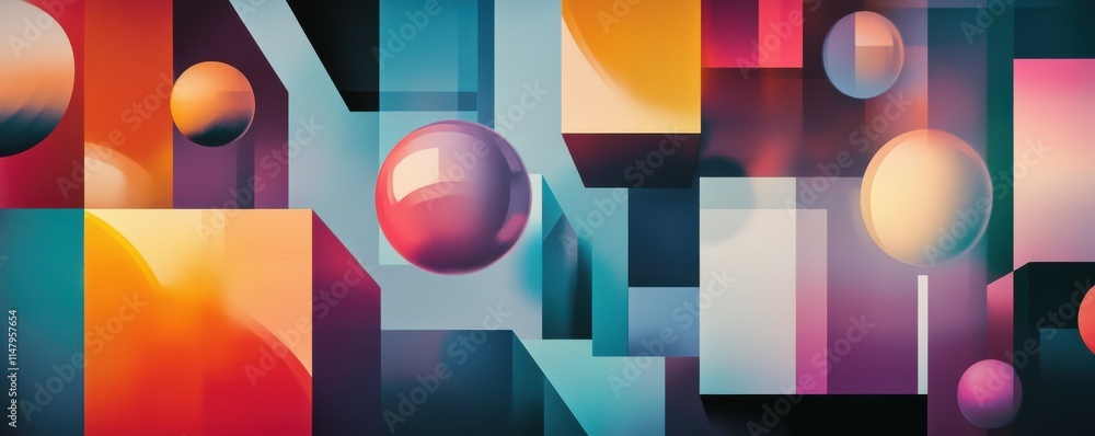 Poster colorful geometric composition with spheres and blocks in vibrant tones the image features a mixture