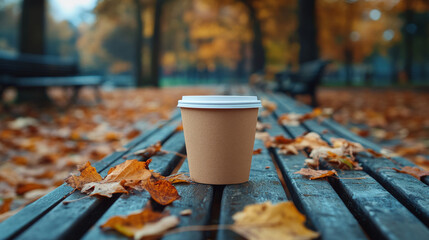 A disposable coffee cup sits on a park bench covered in autumn leaves. The warm brown of the cup contrasts beautifully with the cool, muted tones of the autumn setting.
