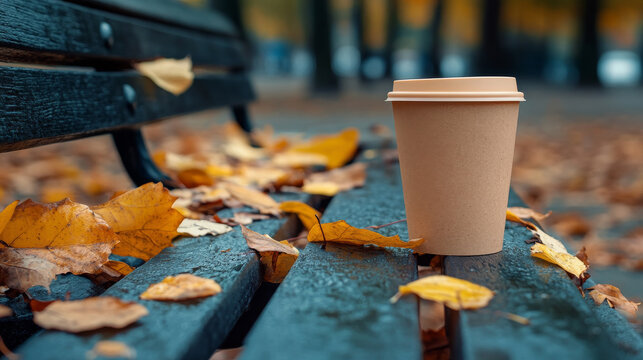 A warm beverage sits on a park bench surrounded by fallen autumn leaves. The earthy tones of the leaves complement the coffee cup's color.